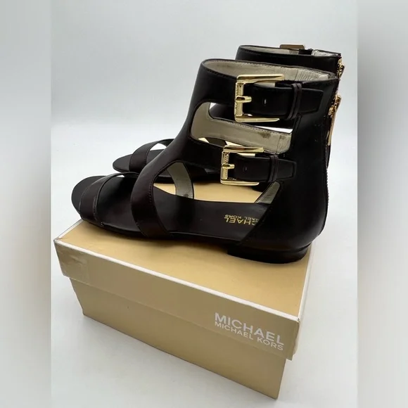 MICHAEL Michael Kors Adriana Flat Sandals Shoes Leather Coffee Size 9.5 with Box - Picture 7 of 8